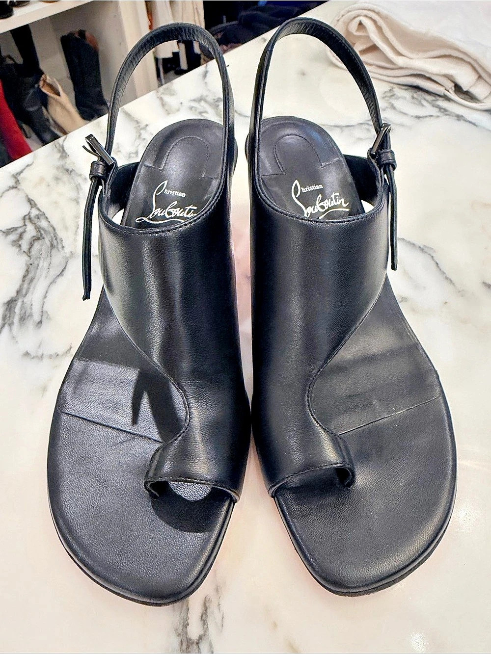 Authentic Christian Louboutin Miss Z Thong Slingback Sandal Black Heels - Picture 1 of 5